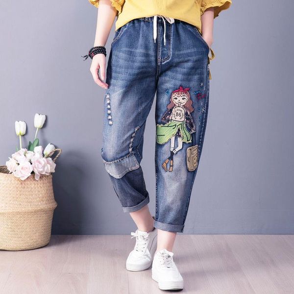 

spring arts style womens jeans elastic waist loose vintage embroidery cartoon patchwork denim harem pants plus size, Blue