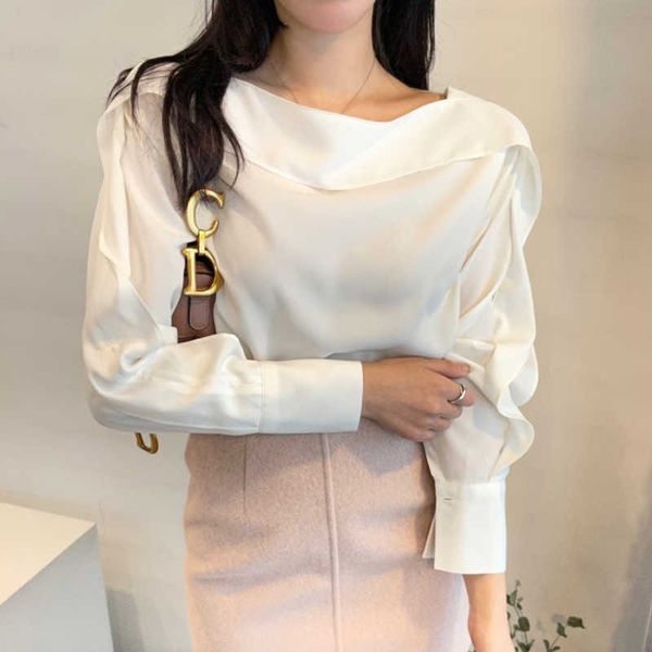 

lace up blouse and women clothing casual o neck fashion solid satin silk women long sleeve female shirts 13410 210527, White