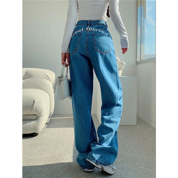 

women's jeans streetwear wash 2021 high waist trendy straight tube wide leg denim pants loose casual baggy plus size, Blue