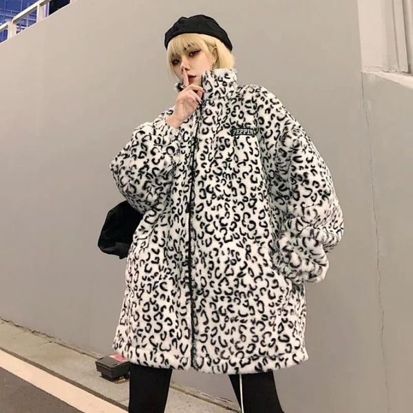 

women's fur & faux 2021 winter warm oversized colorful leopard print coat women zip up multicolor kawaii cute loose fluffy jacket, Black