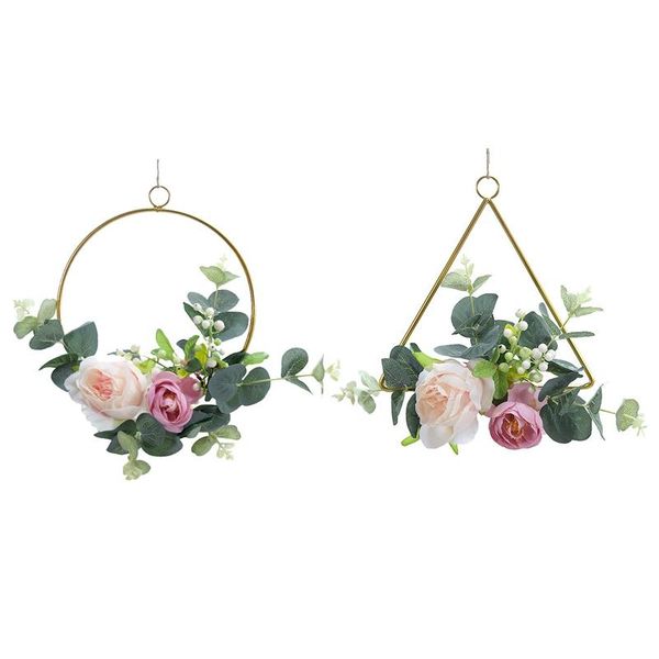 

decorative flowers & wreaths 2 pcs garland artificial rose metal ring hoop wreath for wedding nursery wall decor, round triple-cornered