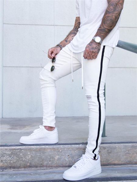 

men's jeans tejanos blancos hombre hole mens white slim fit side stripe biker skinny men spijkerbroeken heren denim, Blue