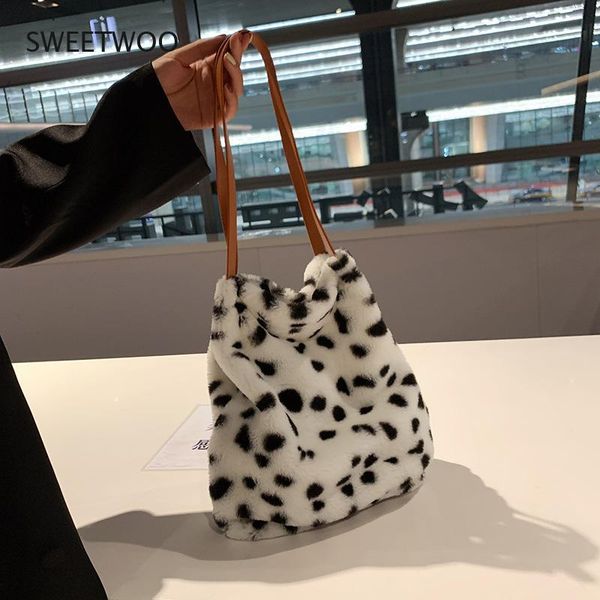 

evening bags winter women tote bag plush fluffy leopard grain pattern shoulder corduroy for shopping