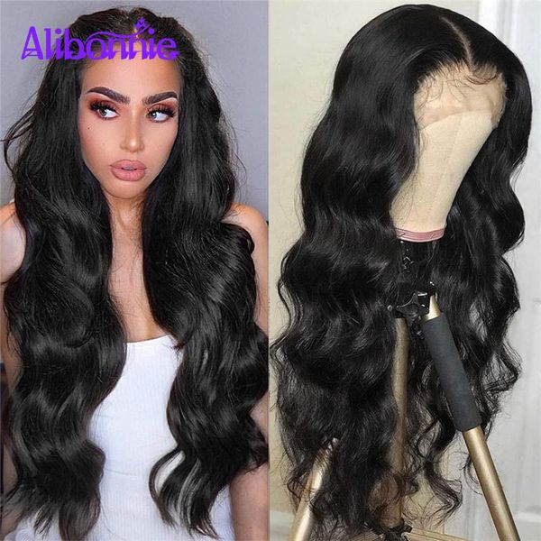 

lace wigs alibonnie body wave front wig for women human hair 5x5x1 t part pre plucked with baby brazilian remy, Black;brown