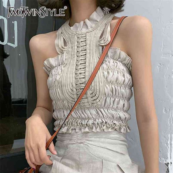

apricot ruched slim vests for women stand collar sleeveless short tank female summer fashion clothes 210524, White