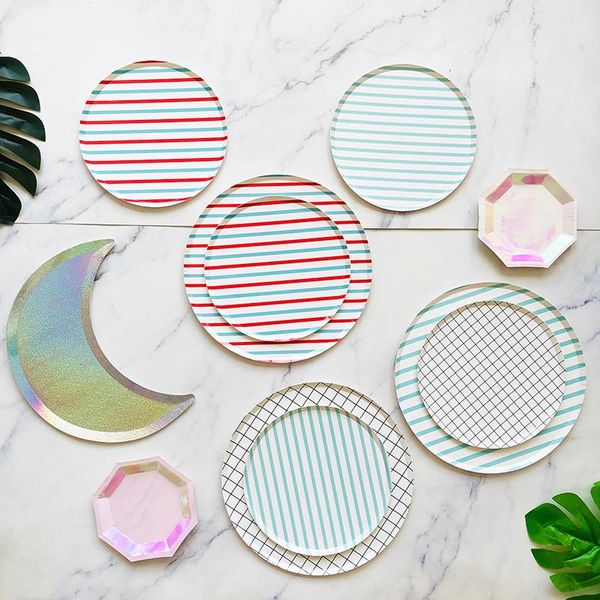 

disposable dinnerware 8pcs stripe lattice tableware party paper plates cups baby shower favor drinking straws wedding supplies