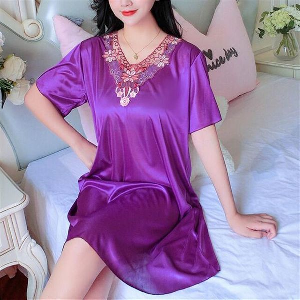 

women's sleepwear lace patchwork ice silk satin night dress smooth nightwear women summer short sleeve, Black;red