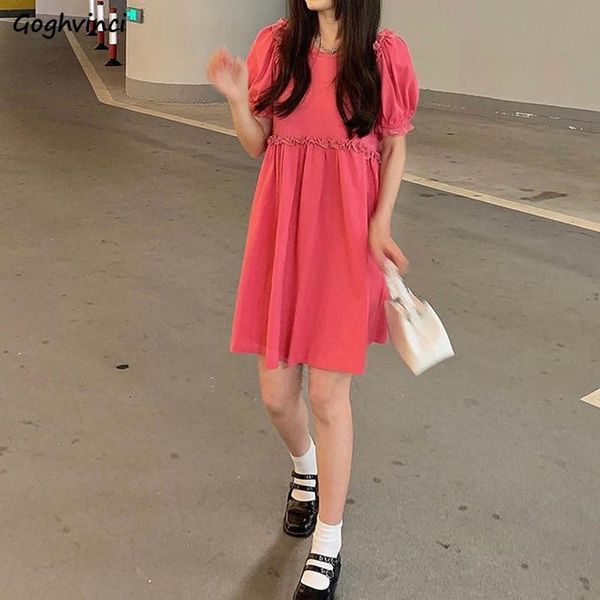 

casual dresses women pink short puff sleeve loose edible tree knee length o-neck sweet students a-line kawaii summer korean chic, Black;gray