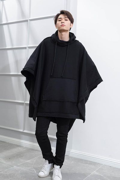 

men's hoodies & sweatshirts spring and autumn shawl loose bat cape dark long fashion thin hooded jacket, Black
