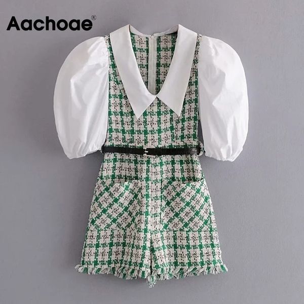 

women fashion patchwork tweed bodysuit with belt puff sleeve poets short jumpsuit vintage tassel ladies overalls, Black;white