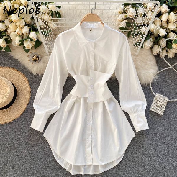 

kuzuwata turn down collar long sleeve single breast dress women high waist hip sashes slim vestido solid simple spring robe 210423, Black;gray