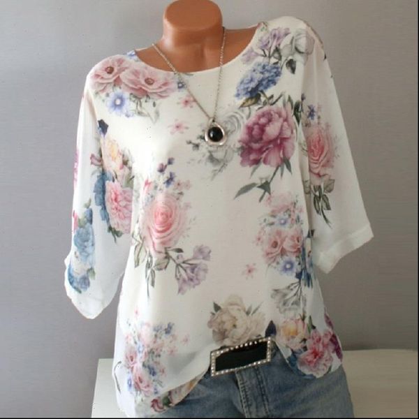 

chiffon vintage flower print women shirts half sleeve casual white elegant ladies summer blouse plus size 5xl