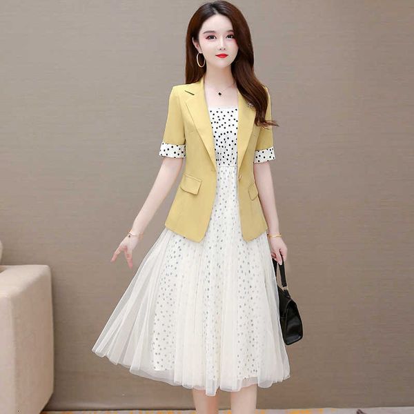 

2021 sling polka dot drs summer mh skirt suit short sleeve coat two piece medium length drs, Black;gray