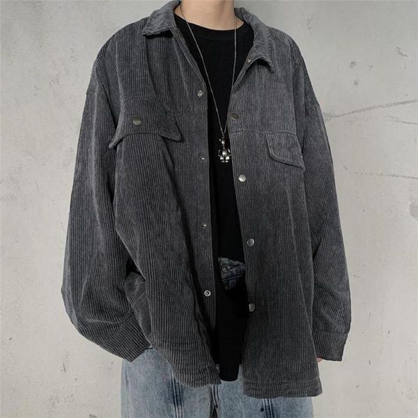 

men's casual shirts fashion turn-down collar single-breasted cardigan streetwear solid color loose corduroy male, White;black