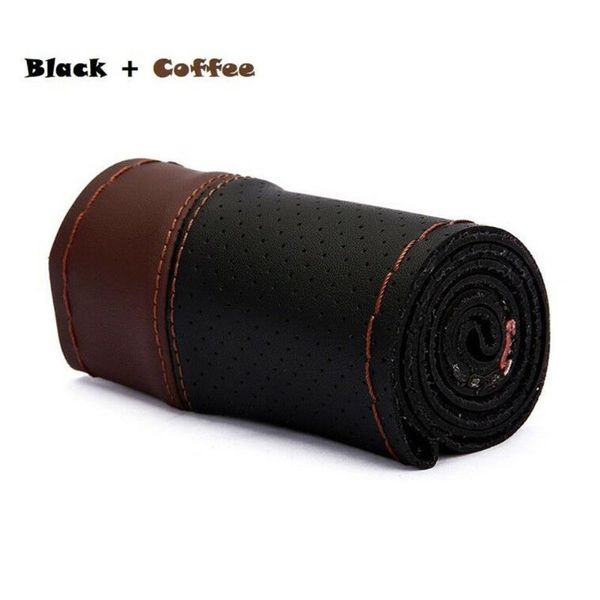 

steering wheel cover genuine leather microfiber soft with needles & thread black + coffee covers
