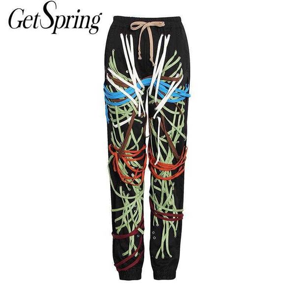 

getspring women pant bandage patchwork irregular casual pants asymmetry color matching plus size trousers 210601, Black;white