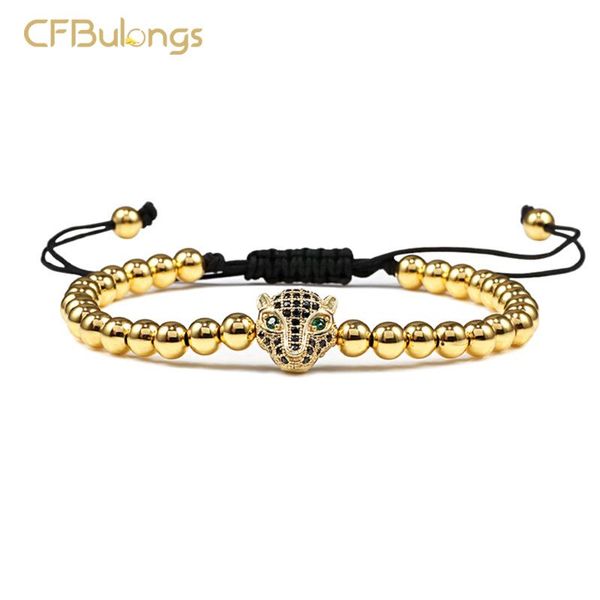 

beaded, strands cfbulongs fashion gold cz leopard head men's bracelet classic 5mm beaded adjustable creative jewelry gift, Black