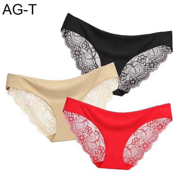 

3pcs/lot women panties set lace briefs ice silk seamless underwear thong lingerie transparent underpants breathable pants, Black;pink