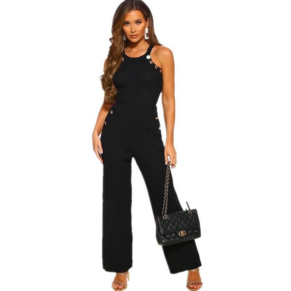 

women's jumpsuits & rompers 2021 summer fashion elegant women club ladies o neck sleeveless metal button black loose bandage jumpsuit, Black;white