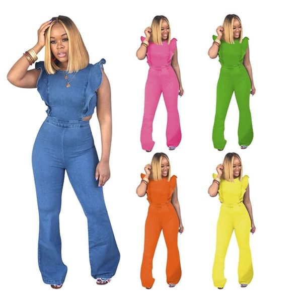 

women's jeans h1138 auricle sleeve long flared jumpsuit ab6x, Blue