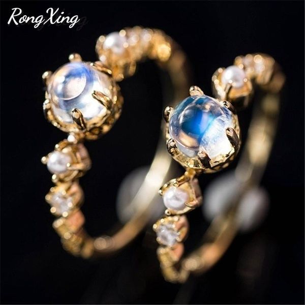 

wedding rings rongxing charming round white pearl moonstone for women yellow gold filled birthstone engagement ring simple fashion gifts, Slivery;golden
