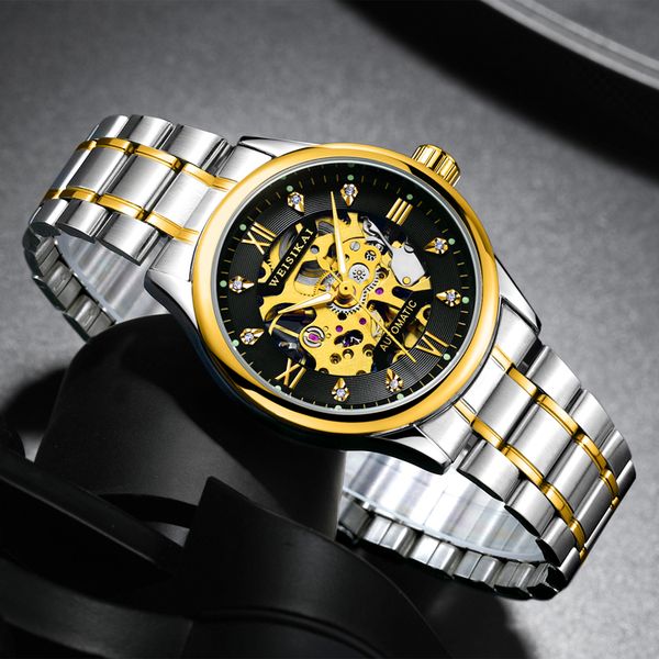 

luxury diamond mens mechanical watch gold and silver stainless steel business automatic watch waterproof wristwatch for men, Slivery;brown