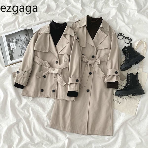 Ezgaga Trenchcoat für Damen, modisch, Umlegekragen, solide Schärpen, zweireihig, langer Trenchcoat, Design, Bürodame, elegant, schick, 210430