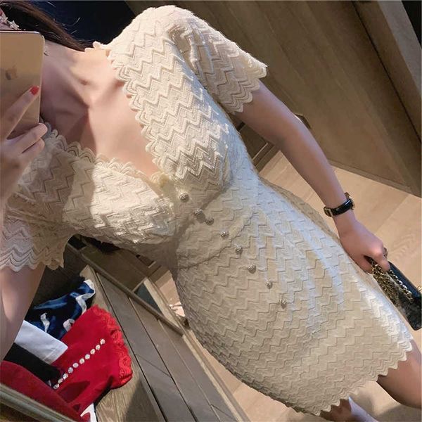 

luxury evening dress 2021 french romantic temperament celebrity style heavy industry v-neck short sleeve lace dating party slim, Black;gray