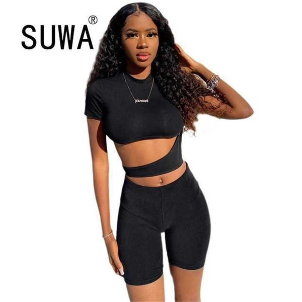 Roupa de terno preto sexy dois pedaços conjunto mulheres profundas o crop top e mini shorts tracksuit ruched oco out clubwear sportsuit 210525