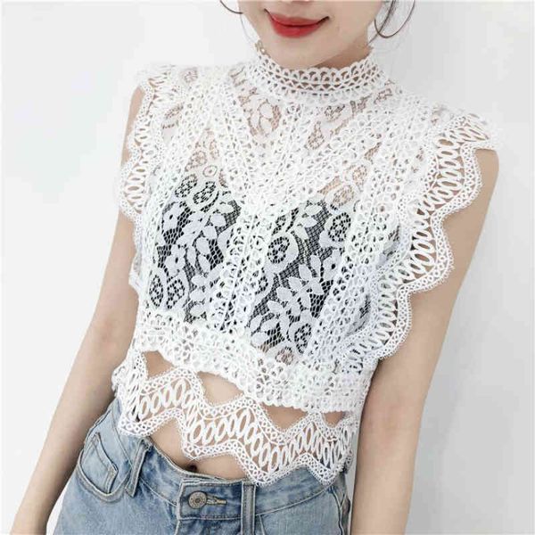 

women's blouses & shirts ladies elegant lace floral blouse stand shirt women summer sleeveless hollow out vest nfy9, White