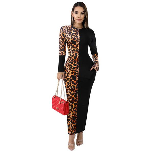 

casual dresses wipalo autumn winter women ol dress o-neck long sleeve high waist bodycon soid leopard print stitching maxi, Black;gray