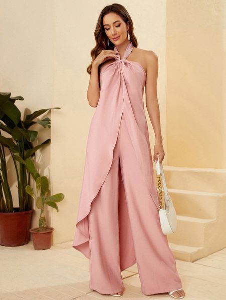 

open back asymmetrical hem halter & palazzo pants set 6362#, White