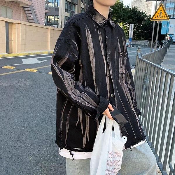 

men's casual shirts cotton denim men fashion printed streetwear loose hip-hop tie-dye mens long-sleeved -2xl, White;black
