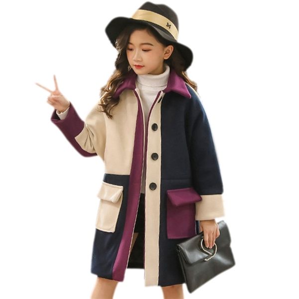 

teen girls coat spring woolen outerwear for patchwork color long kids jacket girl 6 8 12 14 year autumn 210528, Blue;gray