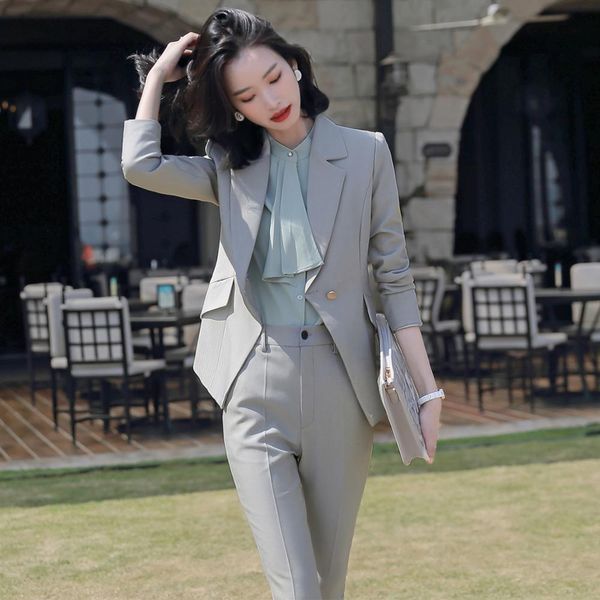 

pant pale gray black one breasted blazer jacket with woman pants office lady two sets size s-4xl suit set, White