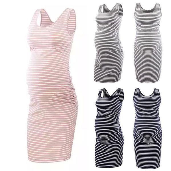 

maternity dresses bodycon pregnancy clothing o-neck stripe sleeveless breast-feeding nursing dress for pregnant women, White