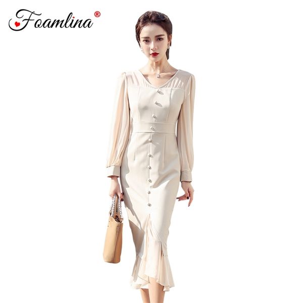 

elegant women dress spring fashion v neck chiffon patchwork long sleeve ruffles midi work party bodycon 210603, Black;gray