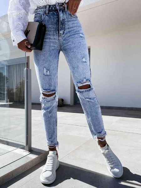 

jeans 2021 hole washed straight women's capris, Blue