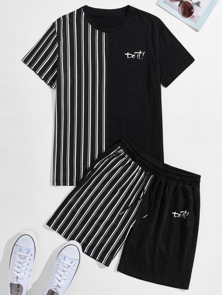 

men striped & slogan graphic tee & shorts o4cw#, Gray