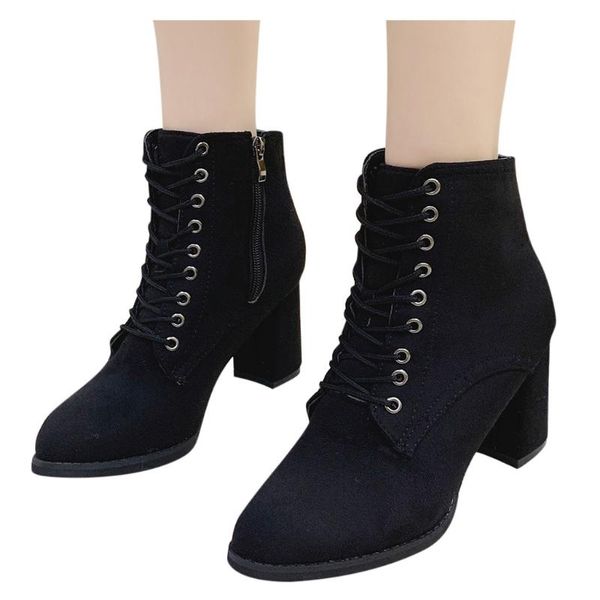 

boots high heel woemn flock short women lace up shoes ladies ankle boot square booties, Black