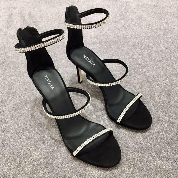

sandals rhinestone word belt women 2021 summer stiletto heels all-match high-heeled french fashion fairy style1, Black