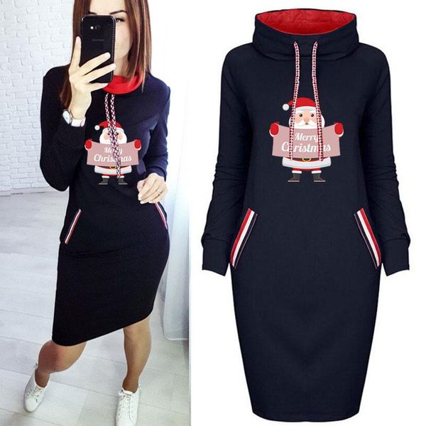 

casual dresses long sleeve woman christmas dress santa claus print vintage winter thin plus size bodycon elegant party short, Black;gray