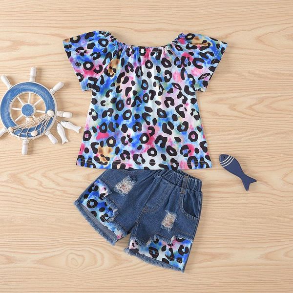 

clothing sets #vw cotton toddler kids girls fashion clothes summer leopard print short sleeve t shirt denim shorts outfits set ropa niÃ±, White