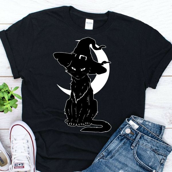 

halloween scary black cat with witch hat t-shirt, White;black