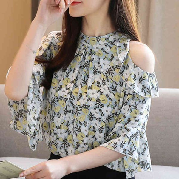 

summer blouse women short sleeve off shoulder blusas mujer de moda ruffles print chiffon blouse shirt women clothes d08 210426, White