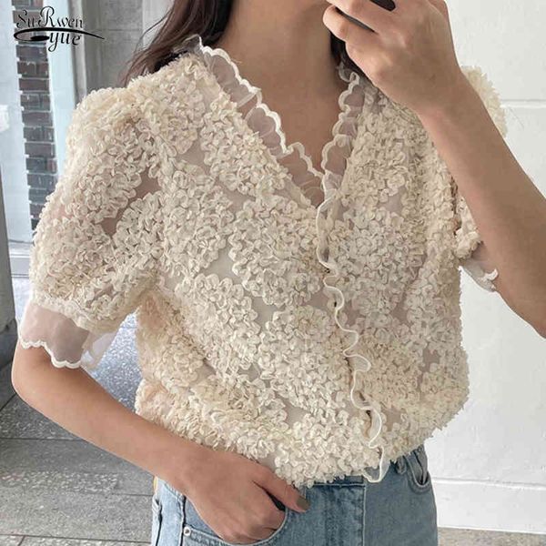 

elegent v-neck mesh wood ear stitching three-dimensional pleated flower design loose short sleeve shirt woman blusas 14336 210521, White