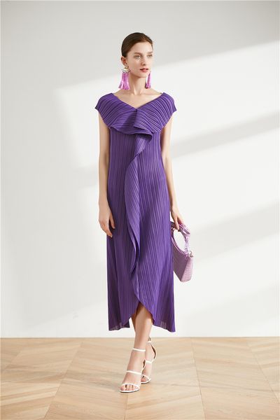 

dress miyake fold sleeveless solid color lotus leaf irregular, Black;gray