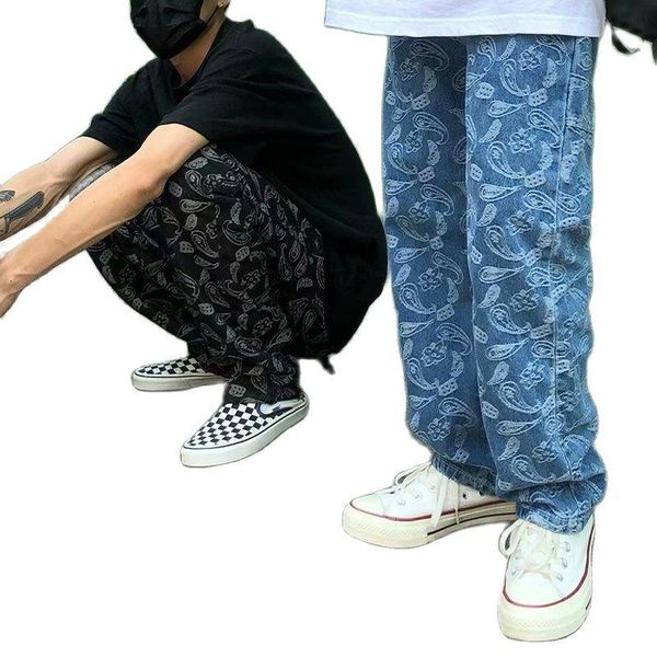 

men's jeans wff street hip hop embroidered loose straight retro and women's punk pants baggy women, Blue