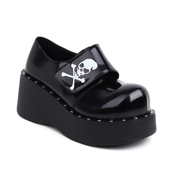 

dress shoes women lolita rivet belt skull decor round toe sandals platform wedge high heel creepers japanese harajuku dark plus size, Black