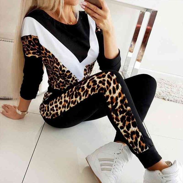 

women autumn fashion tracksuit round neck leopard patchwork sweatshirt pant sportwear tracksuit two-piece set for girls, White